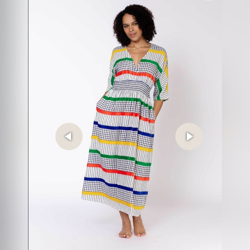 Ace & Jig Green Blue Red Grid Print Dolman Sleeve Sun Dress Smocked Waist Large